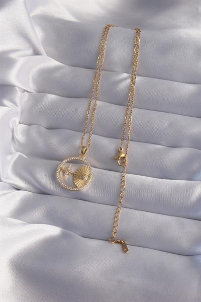 316L Çelik Zincir Gold Renk Zirkon Taşlı Yıldız Figürlü Oval Kolye – PRT3500EB02115