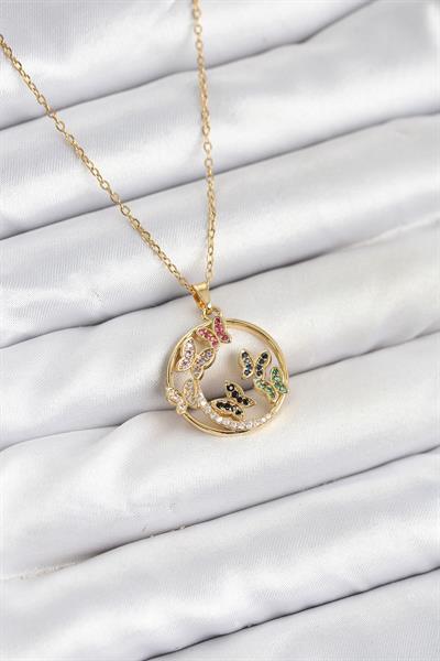 316L Çelik Zincir Gold Renk Zirkon Taşlı Kelebekli Kadın Kolye – PRT3500EB09332
