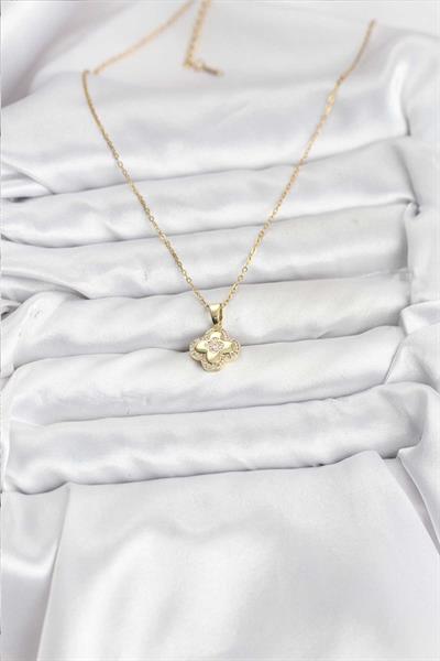 316L Çelik Zincir Gold Renk Zirkon Taşlı Yonca Model Kadın Kolye – PRT3500EB09757