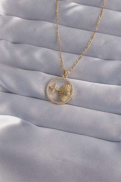 316L Çelik Zincir Gold Renk Zirkon Taşlı Yıldız Figürlü Oval Kolye – PRT3500EB02115