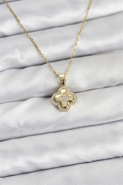 316L Çelik Zincir Gold Renk Zirkon Taşlı Yonca Model Kadın Kolye – PRT3500EB09757