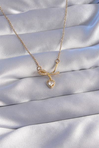 316L Çelik Zincir Gold Renk Zirkon Taşlı Yarım Fiyonk Kalp Kolye – PRT3500EB01692