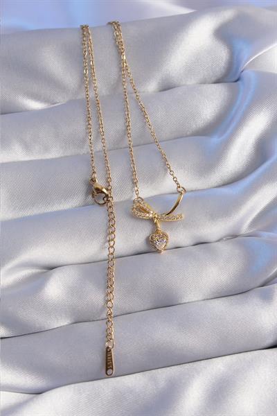 316L Çelik Zincir Gold Renk Zirkon Taşlı Yarım Fiyonk Kalp Kolye – PRT3500EB01692