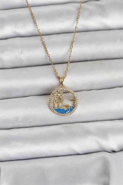 316L Çelik Zincir Gold Renk Zirkon Taşlı Deniz Temalı Kadın Kolye