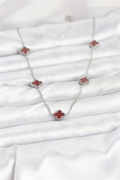 316L Çelik Zincir Gümüş Renk Bordo Baby Boy Yonca Kadın Kolye – PRT3500EB08932