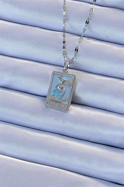 316L Çelik Zincir Gümüş Renk Mavi Mineli Tarot Kolye – PRT3500EB02315