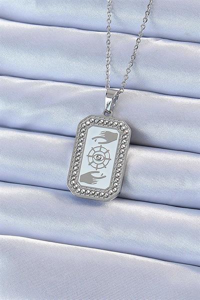 316L Çelik Zincir Gümüş Renk Mineli Zirkon Taşlı Göz Figür Tarot Kolye – PRT3500EB02321