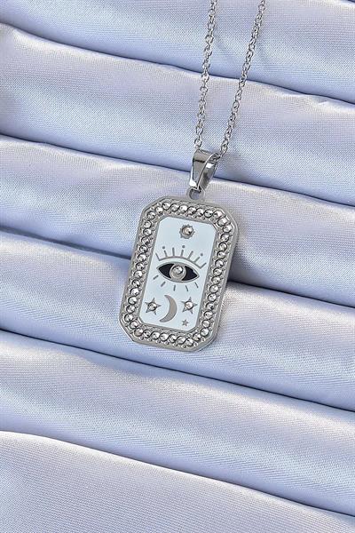 316L Çelik Zincir Gümüş Renk Mineli Zirkon Taşlı Göz Figür Tarot Kolye – PRT3500EB02319