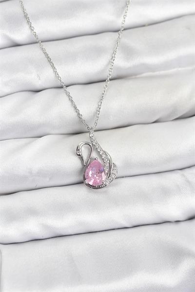 316L Çelik Zincir Gümüş Renk Pembe Kuğu Model Zirkon Taşlı Kadın Kolye - PRT3500EB10176