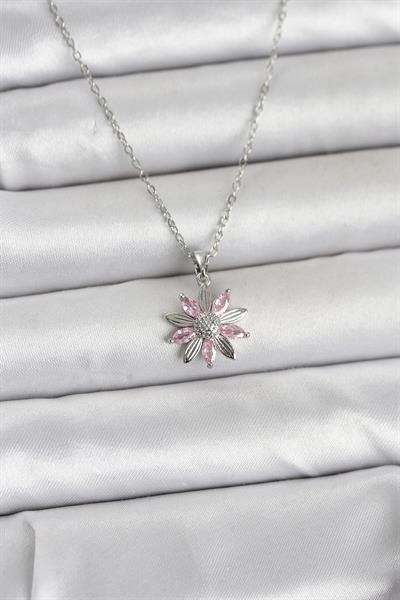 316L Çelik Zincir Gümüş Renk Pembe Papatya Model Kadın Kolye