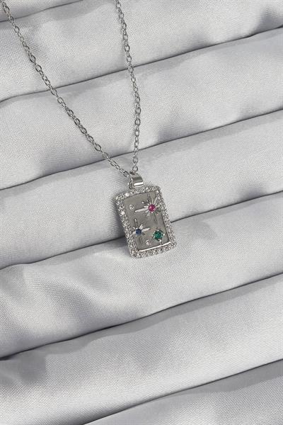 316L Çelik Zincir Gümüş Renk Renkli Zirkon Taşlı Vintage Kolye - PRT3500EB01824