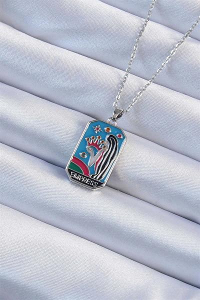 316L Çelik Zincir Gümüş Renk Taç ve Kız Figürlü Renkli Mineli Tarot Kolye – PRT3500EB02358