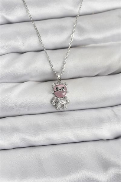 316L Çelik Zincir Gümüş Renk Teddy Bear Model Zirkon Taşlı Kadın Kolye - PRT3500EB10163