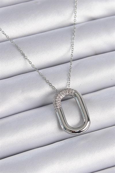 316L Çelik Zincir Gümüş Renk Zirkon Taşlı Oval Halka Model Kadın Kolye - PRT3500EB02532