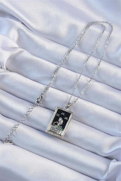316L Çelik Zincir Gümüş Renk Zirkon Taşlı Siyah Mineli Kız Figürlü Tarot Kolye – PRT3500EB02356