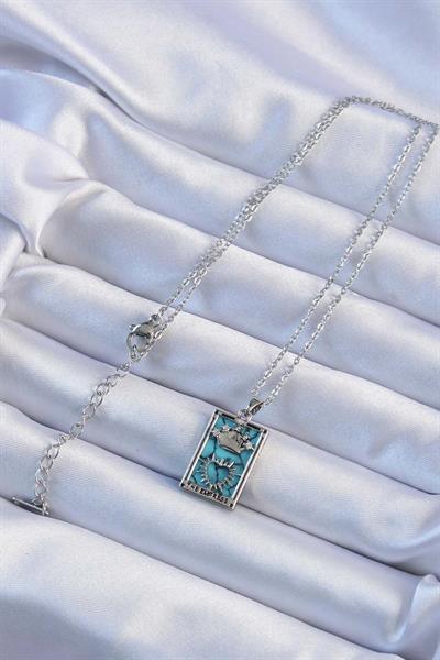 316L Çelik Zincir Gümüş Renk Zirkon Taşlı Mavi Mermer Desenli Taç Model Tarot Kolye - PRT3500EB02372