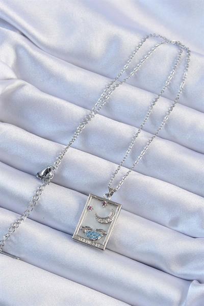 316L Çelik Zincir Gümüş Renk Zirkon Taşlı Ay Figürlü Tarot Kolye - PRT3500EB02378
