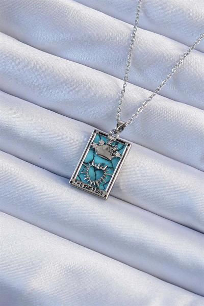 316L Çelik Zincir Gümüş Renk Zirkon Taşlı Mavi Mermer Desenli Taç Model Tarot Kolye - PRT3500EB02372