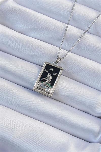 316L Çelik Zincir Gümüş Renk Zirkon Taşlı Siyah Mineli Kız Figürlü Tarot Kolye – PRT3500EB02356