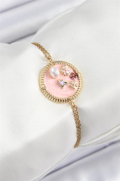 316L Çelik Zincir Pembe Mineli Sanatsal Portre İnci Detaylı Çiçek Model Gold Renk Kadın Bileklik – PRT3500EB06934