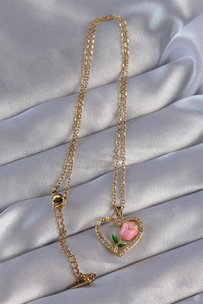 316L Çelik Zincirli Gold Renk Zirkon Taşlı Kalp İçinde Pembe Gül Tasarımlı Kolye – PRT3500EB01746