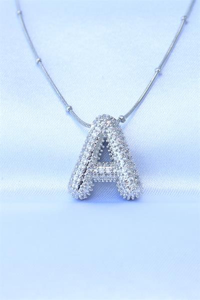 316L Çelik Zincirli Zirkon Taşlı A Harfli Gümüş Renk Bubble Kolye – PRT3500EB01581