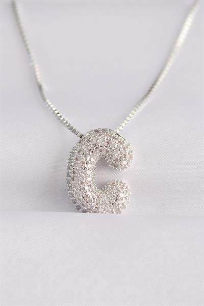 316L Çelik Zincirli Zirkon Taşlı C Harfli Silver Renk Bubble Kolye - PRT3500EB01363