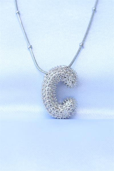 316L Çelik Zincirli Zirkon Taşlı C Harfli Gümüş Renk Bubble Kolye - PRT3500EB01578