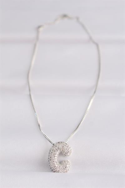 316L Çelik Zincirli Zirkon Taşlı C Harfli Silver Renk Bubble Kolye - PRT3500EB01363