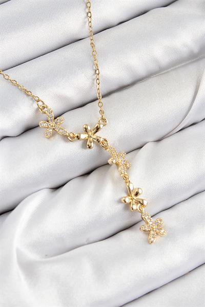 316L Çelik Zirkon Taşlı Çiçek Model Gold Renk Kadın Kolye – PRT3500EB08047