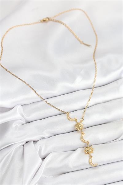 316L Çelik Zirkon Taşlı Güneş Ve Ay Model Gold Renk Kadın Kolye – PRT3500EB08837