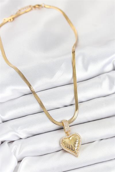 316L Çelik Zirkon Taşlı Kalp Model Gold Renk Kadın Kolye – PRT3500EB08762