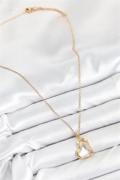 316L Çelik Zirkon Taşlı Kalp Model Gold Renk Kadın Kolye – PRT3500EB08755