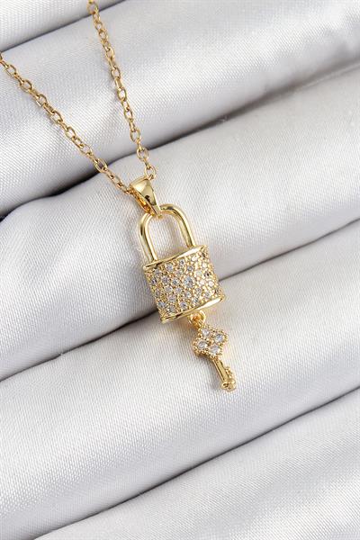 316L Çelik Zirkon Taşlı Kilit Ve Sallantılı Anahtar Model Gold Renk Kadın Kolye – PRT3500EB07634