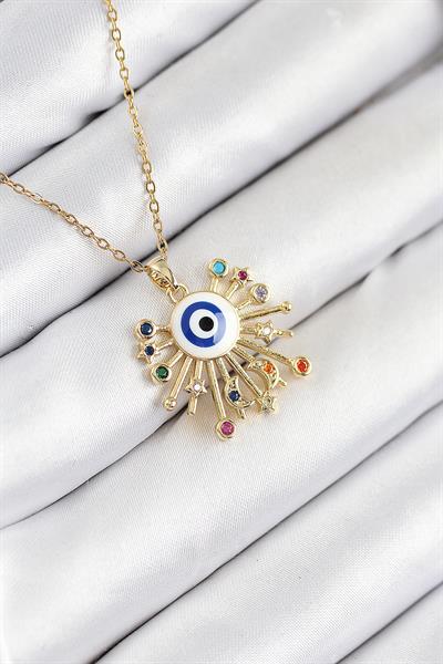 316L Çelik Zirkon Taşlı Nazar Model Gold Renk Kadın Kolye – PRT3500EB08776