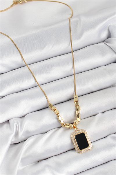 316L Çelik Zirkon Taşlı Siyah Baget Model Gold Renk Kadın Kolye – PRT3500EB08530