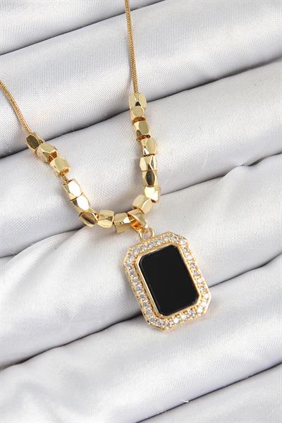 316L Çelik Zirkon Taşlı Siyah Baget Model Gold Renk Kadın Kolye – PRT3500EB08530