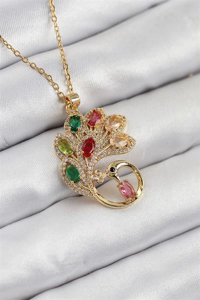 316L Çelik Zirkon Taşlı Tavus Kuşu Model Gold Renk Kadın Kolye – PRT3500EB08696