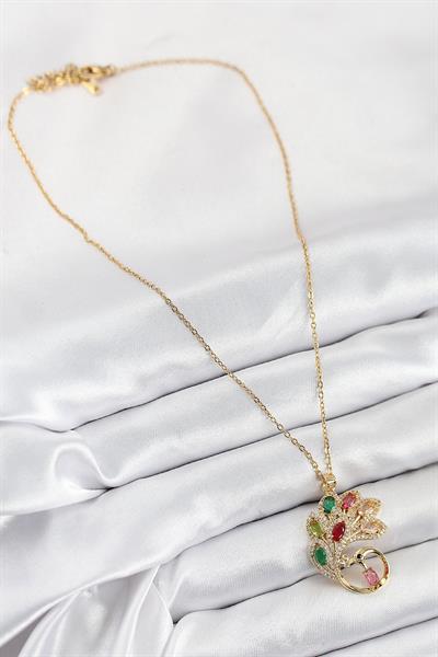 316L Çelik Zirkon Taşlı Tavus Kuşu Model Gold Renk Kadın Kolye – PRT3500EB08696