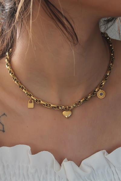 Çelik Gold Renk Kalın Zincir Model Kalp Figür Kadın Kolye – PRT3500EB08904