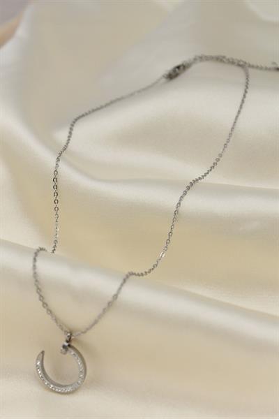 Çelik Silver Renk Zirkon Taşlı Çivi Model Kadın Kolye - PRT3500EB00107
