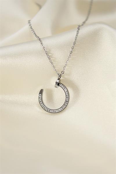 Çelik Silver Renk Zirkon Taşlı Çivi Model Kadın Kolye - PRT3500EB00107