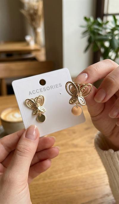 Füsun Küpesi Model Gold Renk Kelebek Model Pirinç Kadın Küpe - PRT3500EB10810