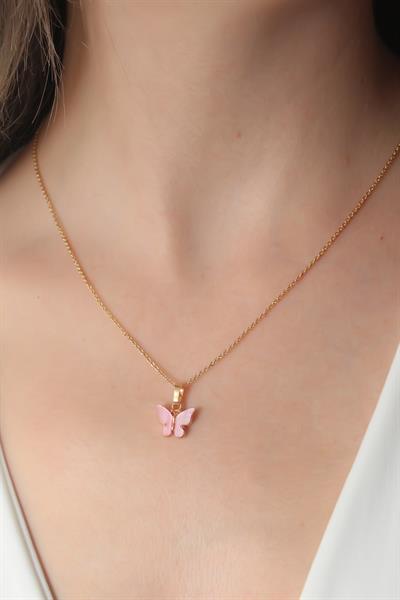 Gold Pembe Renk Kelebek Figür Kadın Kolye - PRT3500EB10130