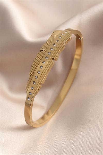 Gold Renk Yaprak Model Zirkon Taş Detay Kelepçe Kadın Bileklik – PRT3500EB00197