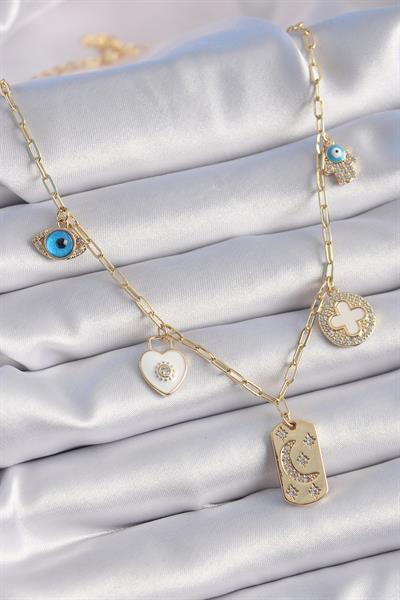 Gold Renk Zirkon Taşlı Çoklu Figür Model Şans Kolyesi - PRT3500EB02446