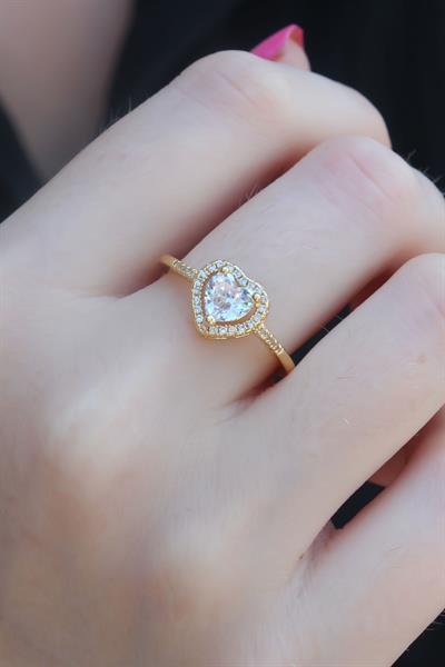 Gold Renk Zirkon Taşlı Kalp Model Charm Pirinç Kadın Yüzük – PRT3500EB00449