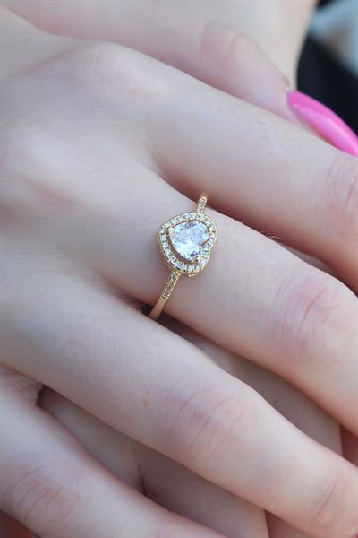 Gold Renk Zirkon Taşlı Kalp Model Charm Pirinç Kadın Yüzük – PRT3500EB00449