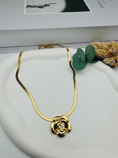 Gül Detaylı Çelik Kolye (Gold) 0106345