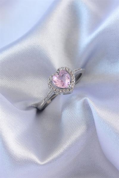 Gümüş Renk Pembe Zirkon Taşlı Kalp Charm Model Pirinç Kadın Yüzük - PRT3500EB10364